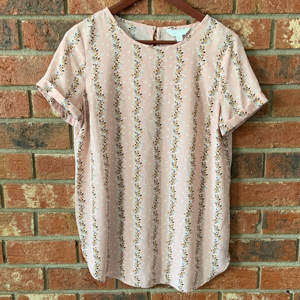 LC Lauren Conrad Blush Floral Stripe Short Sleeve Blouse